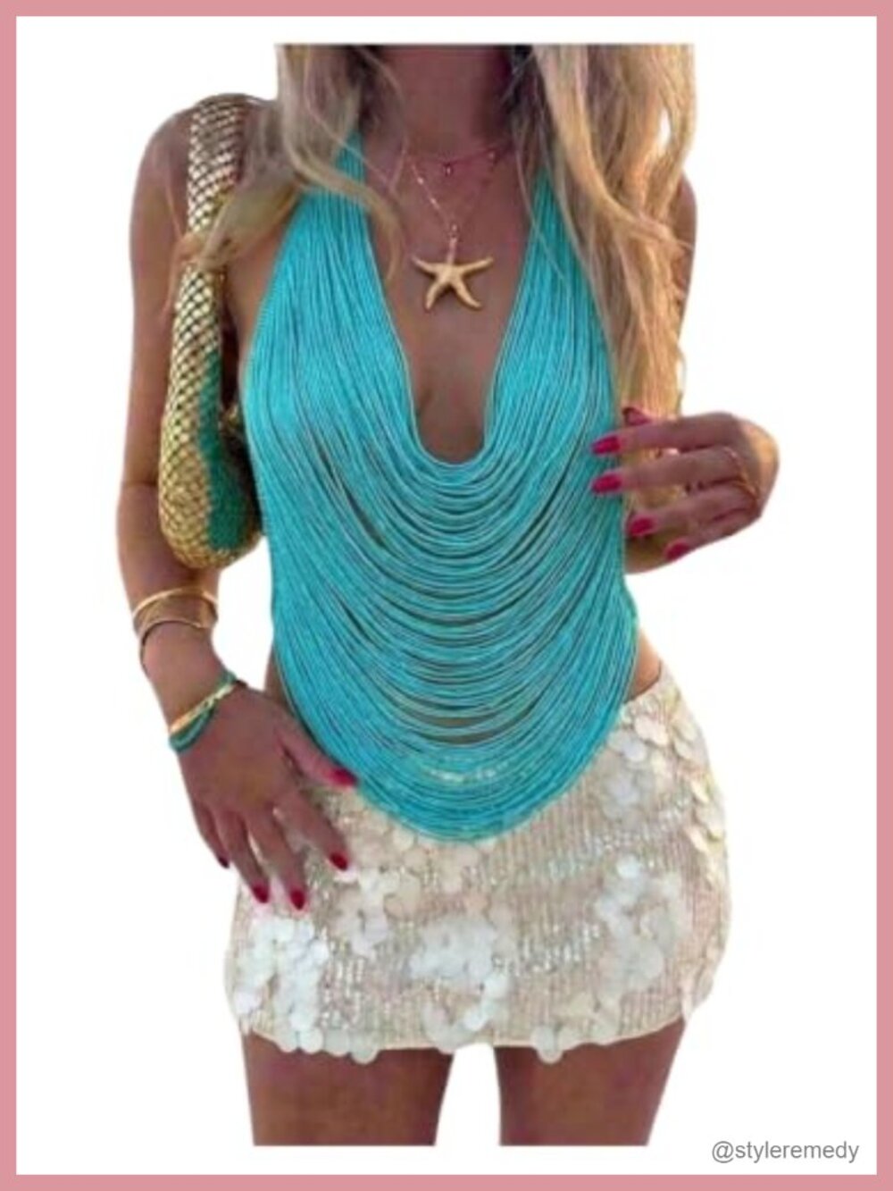 Women's Halter Neck Open Back Cropped Fringe Top